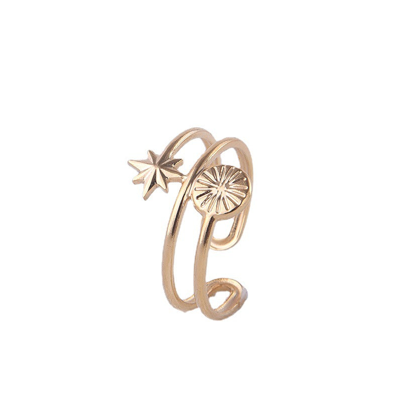 Minimalist Sun Star Titanium Steel Plated Open Ring for Women