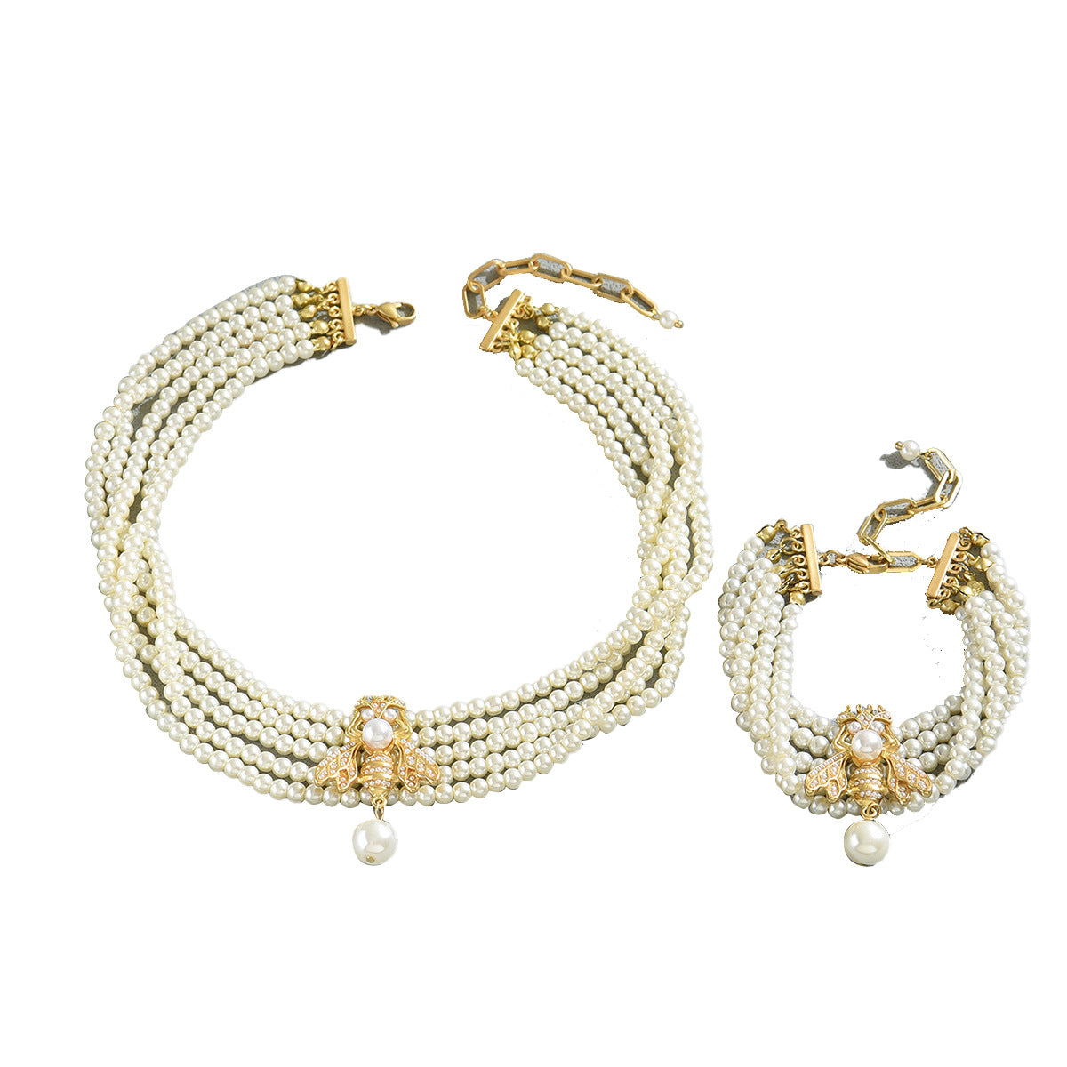 Juego de collar y pulsera de aleación con colgante de abeja a la moda, incrustaciones de perlas en capas y cadena de cuentas redondas para mujer