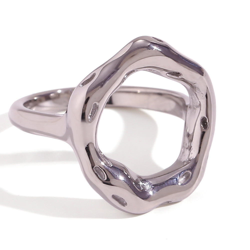 Minimalist Geometric Stainless Steel Ring with 18K Gold Plating and Hollow Design for Women