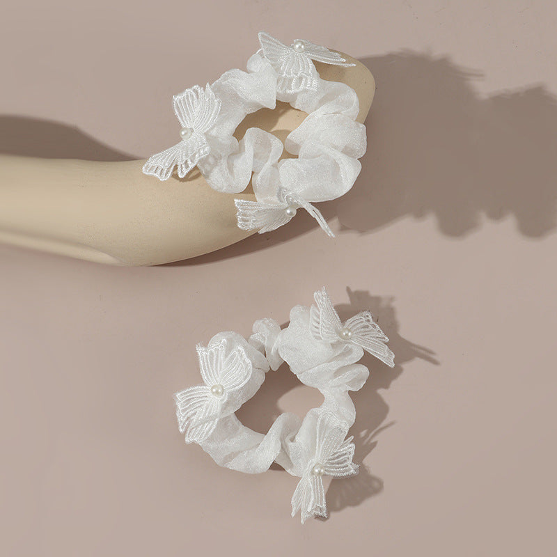 Set di elastici per capelli con fiocco a farfalla per bambini, con perle ricamate e passamaneria in pizzo di organza bianca