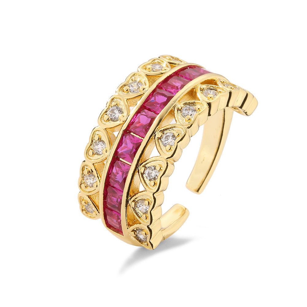 Geometric Heart-Shaped Copper Ring with Micro-Pavé Zirconia for Women, Fashion-Forward Minimalist Band
