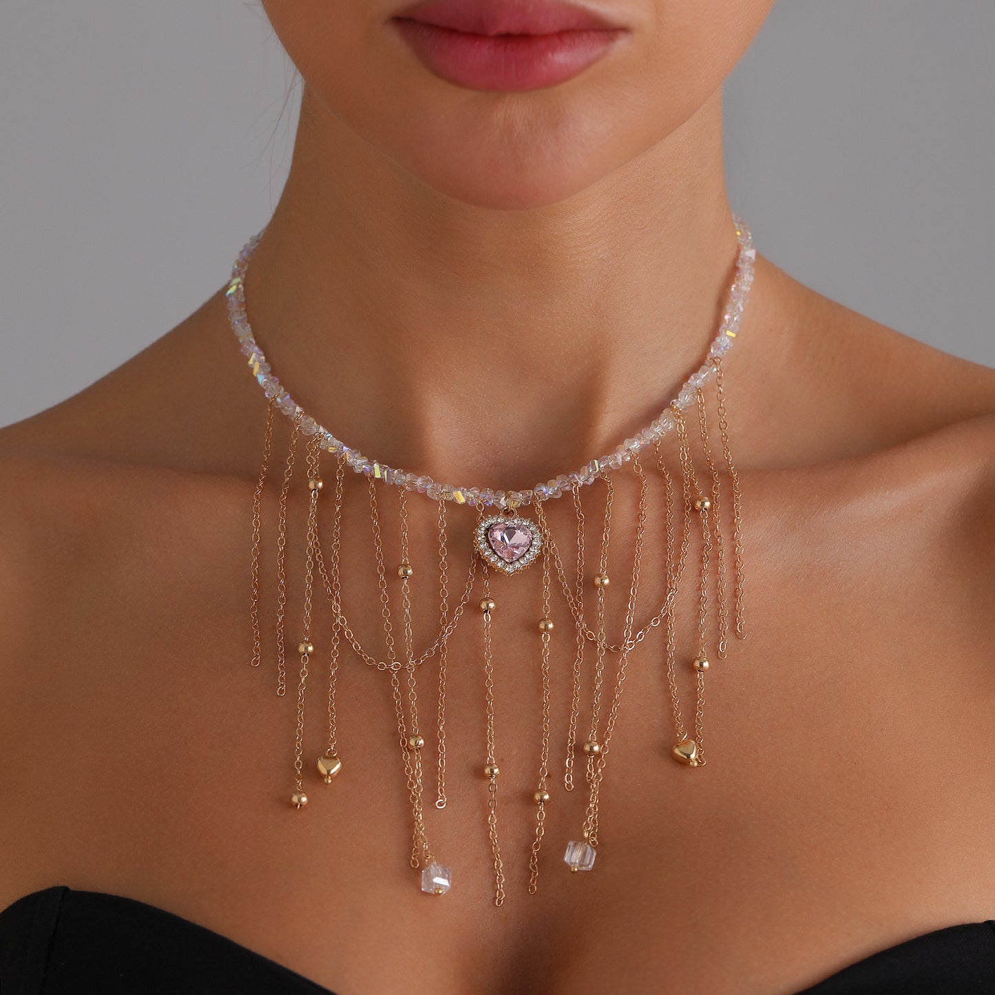 Romantic Pink Heart-Shaped Alloy Pendant Necklace with Tassel Accents and Electroplated Finish for Women