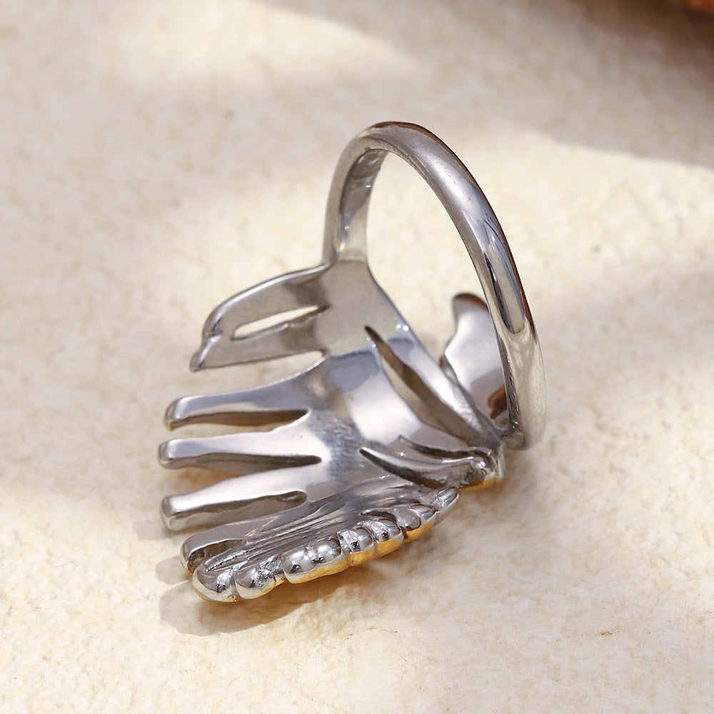 Anello da donna a foglia vintage minimalista in acciaio inossidabile placcato oro 18 carati bicolore con strass
