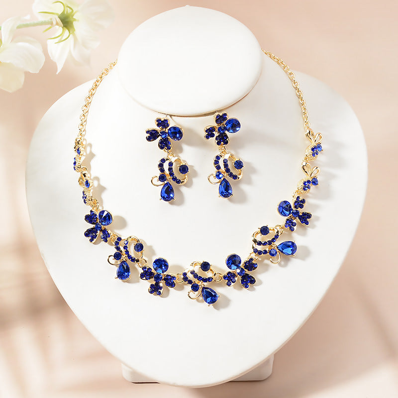 Elegant Floral Rhinestone Plated Necklace and Earring Set for Women Wedding Party