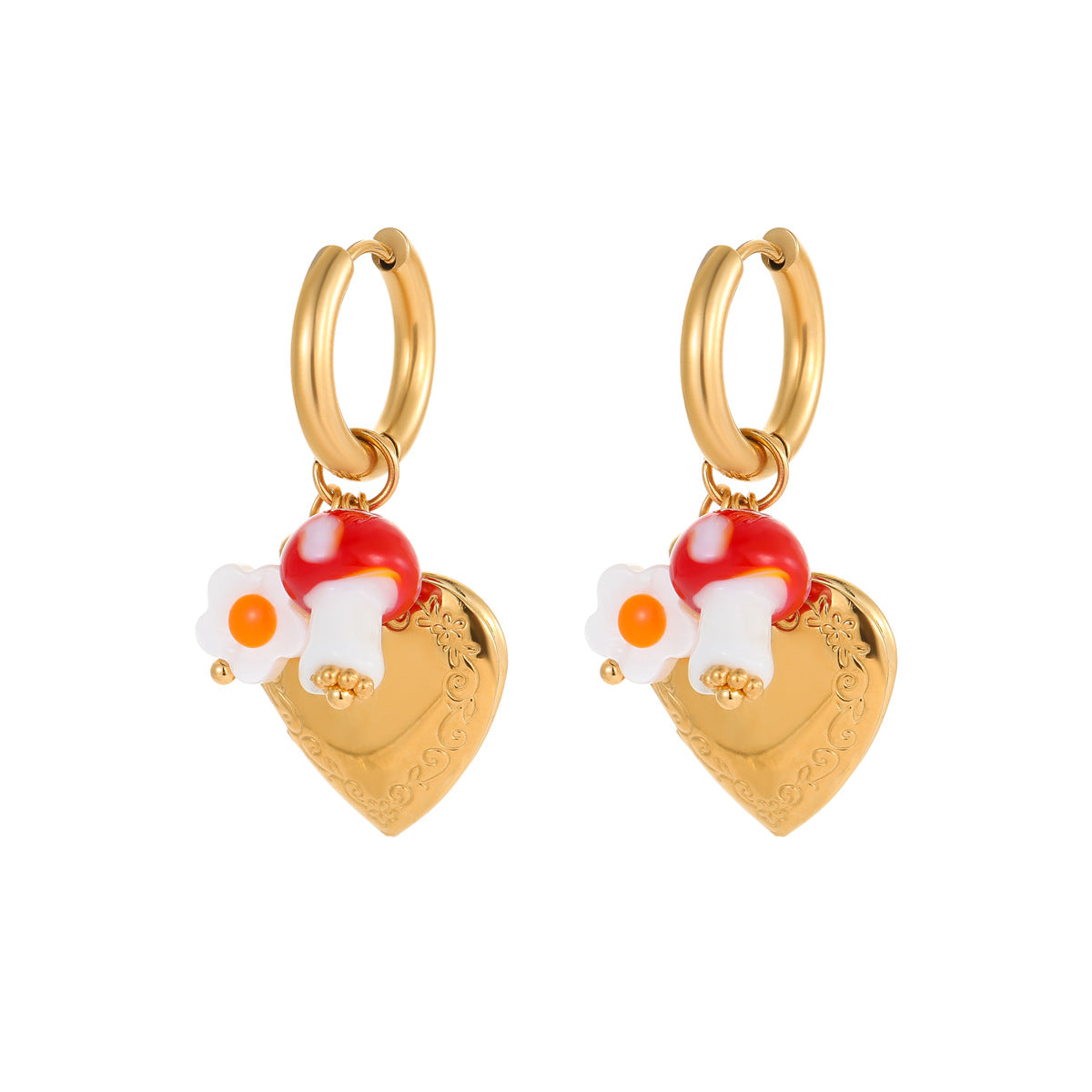 Orecchini alla moda a forma di cuore geometrici in acciaio inossidabile con dettagli in smalto e ganci placcati oro 18K