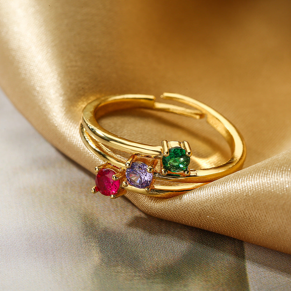 Anello geometrico minimalista in rame con placcatura in oro 18 carati e intarsio in zircone, fascia aperta regolabile da donna