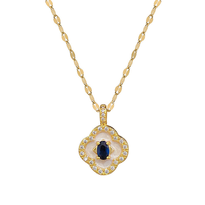 Collana con ciondolo a luna geometrica minimalista per donna e uomo, catena in acciaio inossidabile con elegante motivo a conchiglia e quadrifoglio