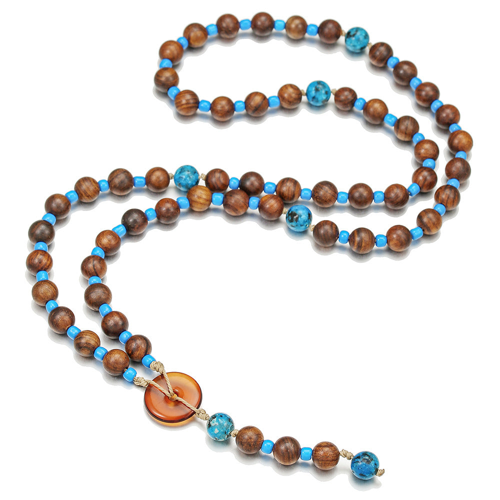 Vintage Geometric Round Wood Acrylic Beaded Necklace Cable Chain Unisex