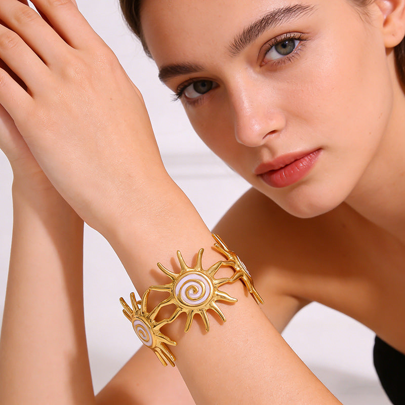 Bracciale a Polsino con Turbina Solare in Acciaio Inossidabile Geometrico alla Moda con Smalto a Olio a Goccia