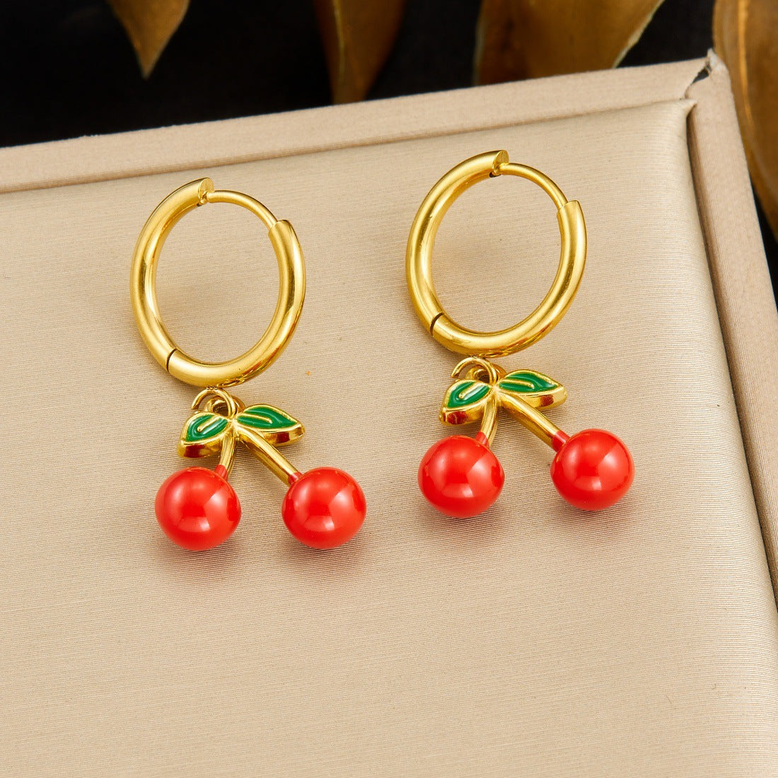 Sweet Drip Oil Cherry Fruit Plated Stainless Steel Necklace and Earring Set with Snake Chain