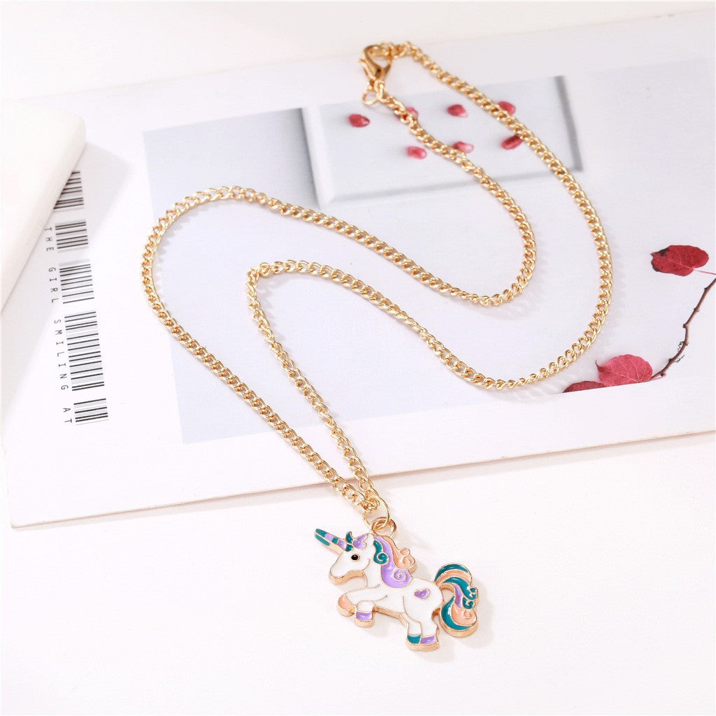 Collar con Colgante de Unicornio de Dibujos Animados para Niñas, Collar de Aleación con Acabado de Esmalte, Joyería Infantil Estilo Princesa
