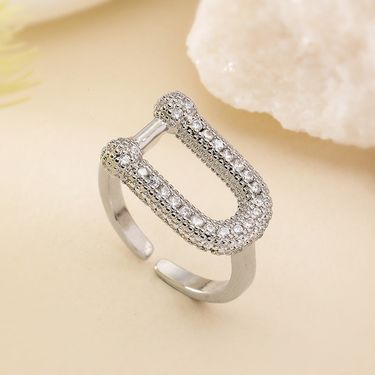 Geometric Open Ring for Women Made of Brass with 18K Gold Plating and Zircon Inlay, Fashionable Minimalist Statement Ring