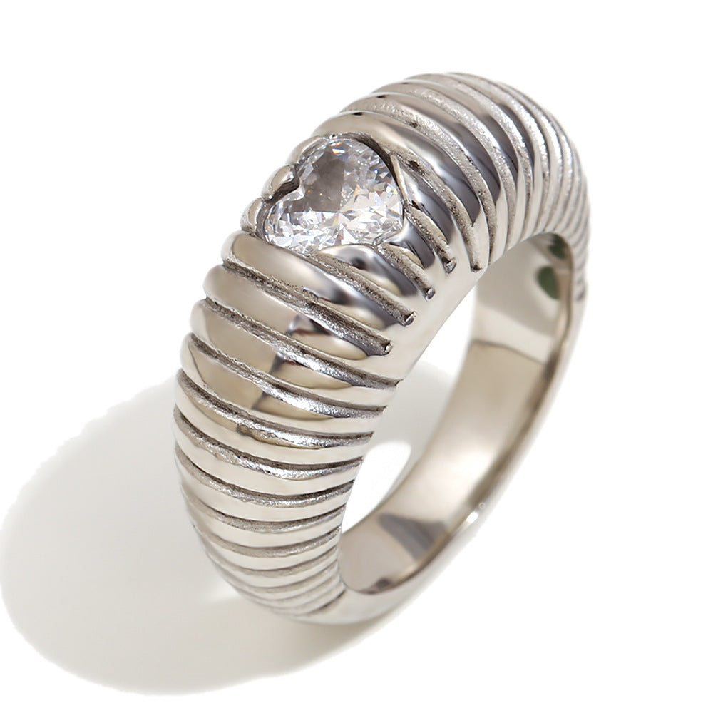 Anello da donna elegante in acciaio inossidabile placcato oro 18 carati con zircone a cuore e baguetta lunga, stile OL con forme geometriche