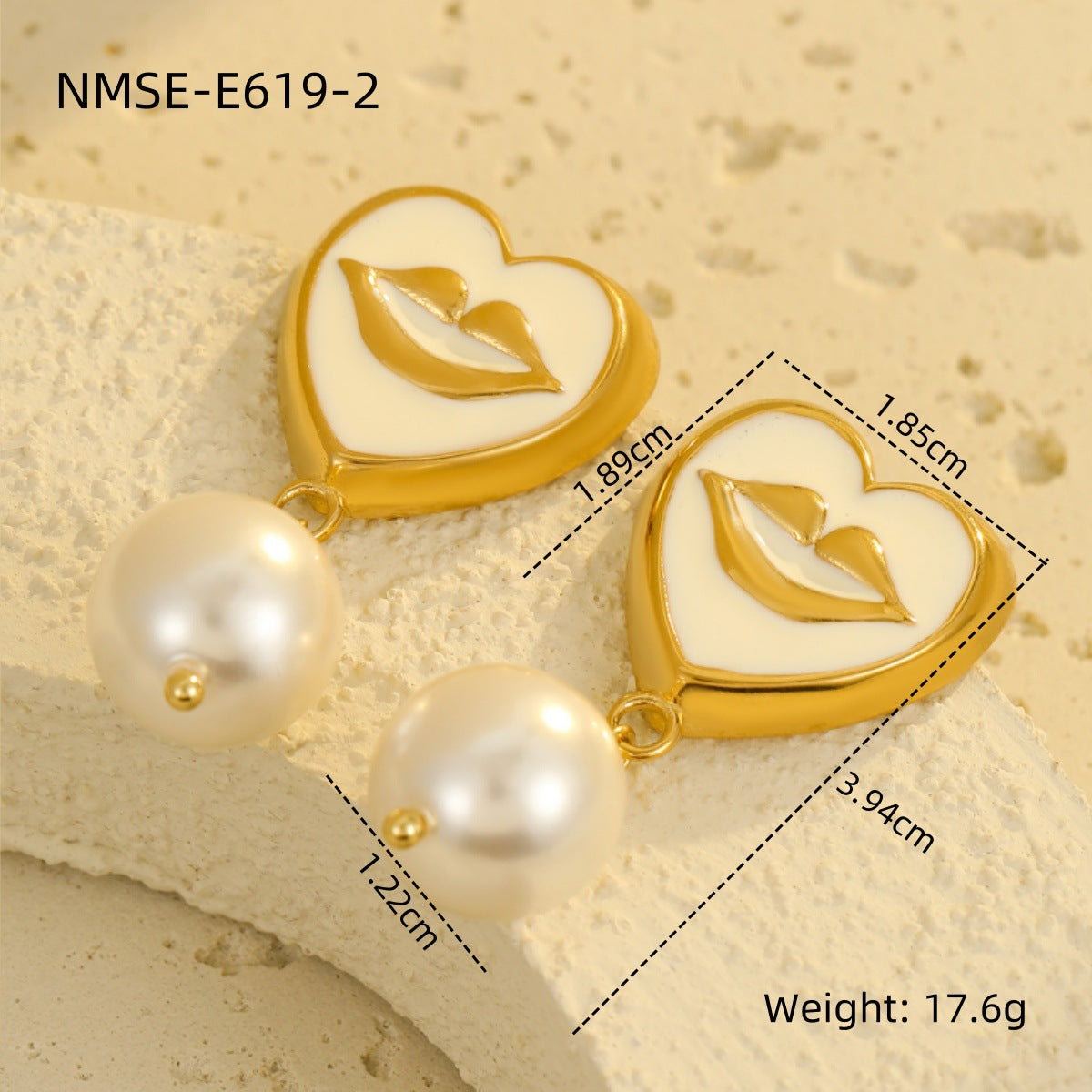18K Gold Plated Stainless Steel Heart and Lips Pearl Drop Earrings for Women