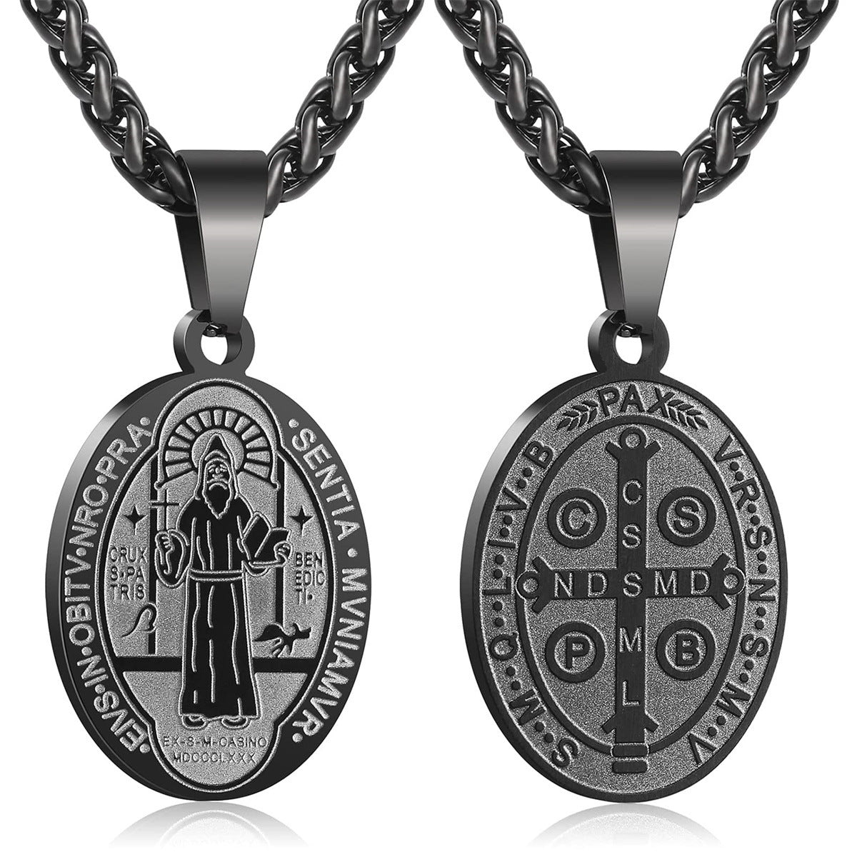 Minimalist Geometric Stainless Steel Saint Benedict Medal Pendant Necklace with Plated Finish for Women