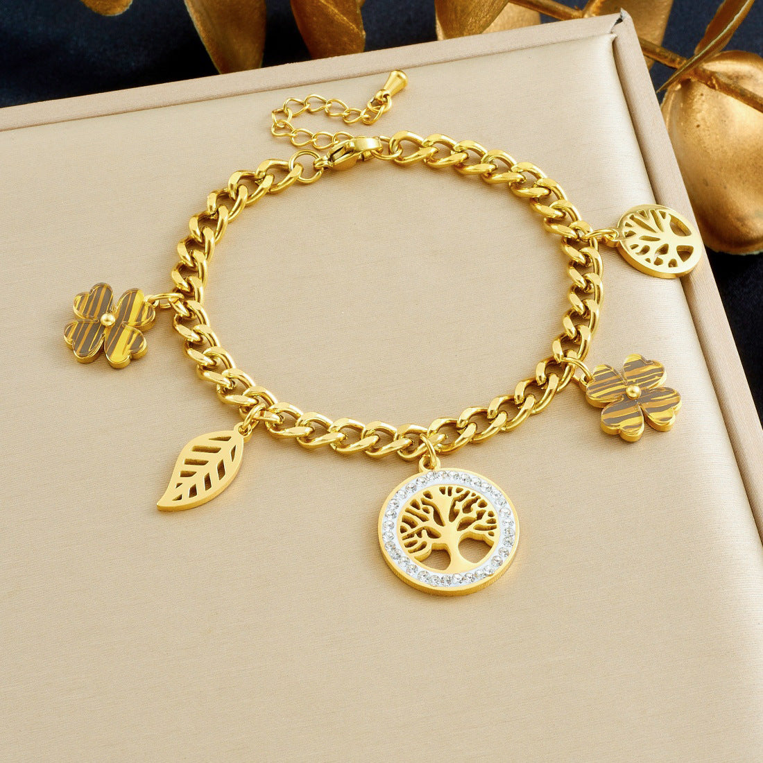 Elegant Gold Plated Rhinestone Round Tree Leaf Hollow Pendant Serpentine Chain Stainless Steel Jewelry Set for Women