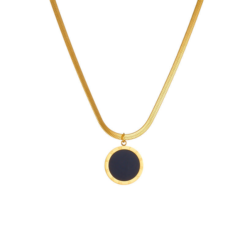 Minimalist Fashion Stainless Steel Geometric Round Roman Numerals Pendant Necklace