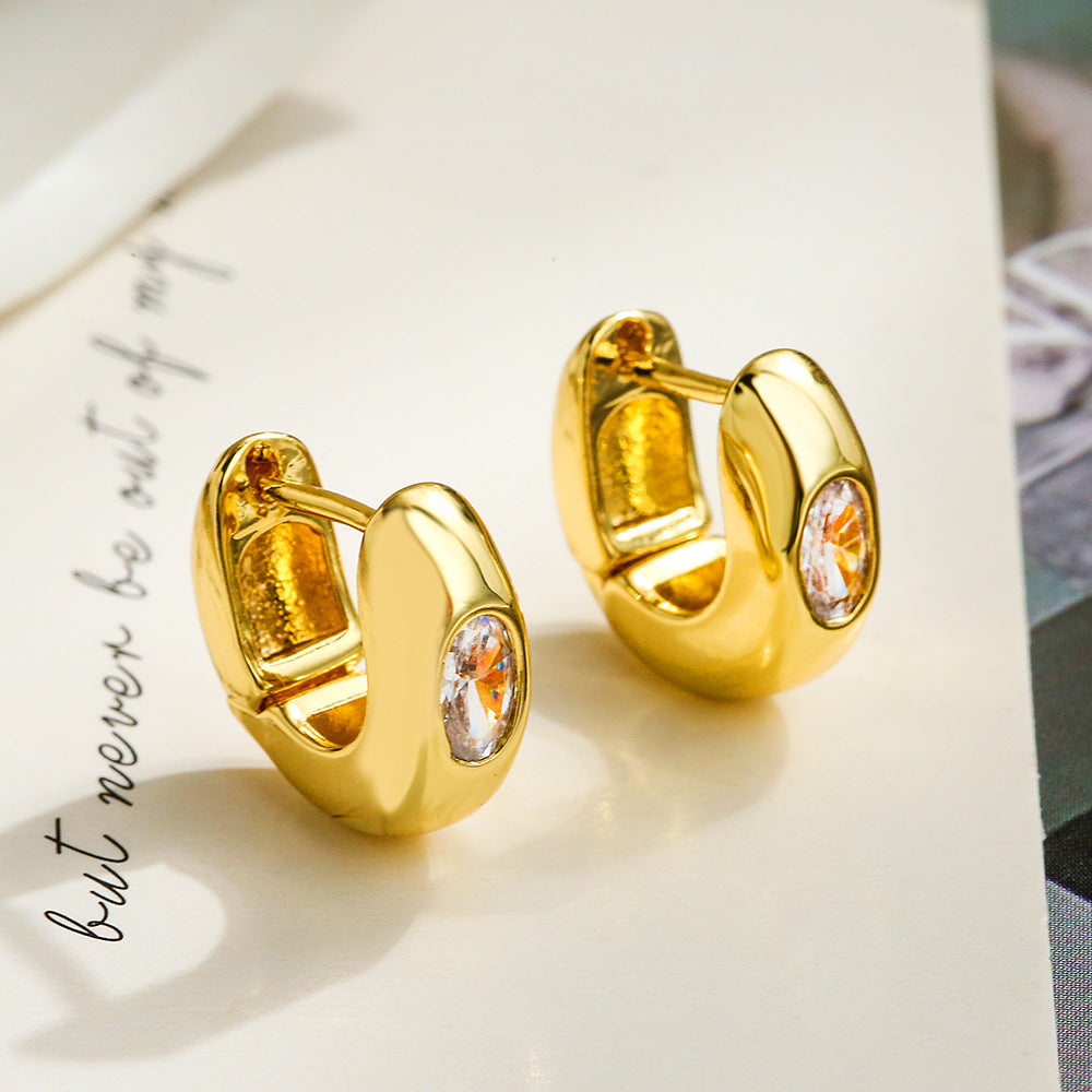 Minimalist Geometric Copper Hoop Earrings with Gold Plating and Zircon Inlay for Women