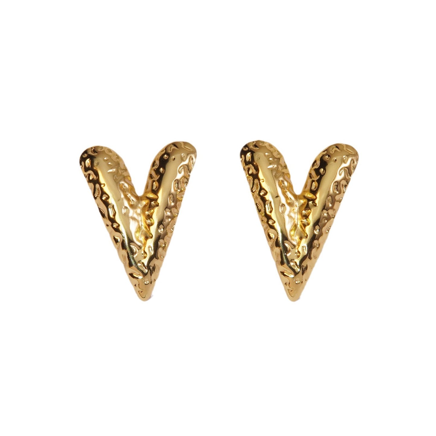 18K Gold Plated Stainless Steel Hammered V-Shape Heart Earrings