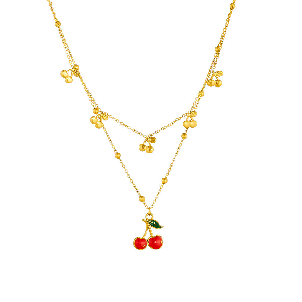 Cherry-Shaped Pendant Necklace in Stainless Steel with Plated Finish, O-Chain Design for Women
