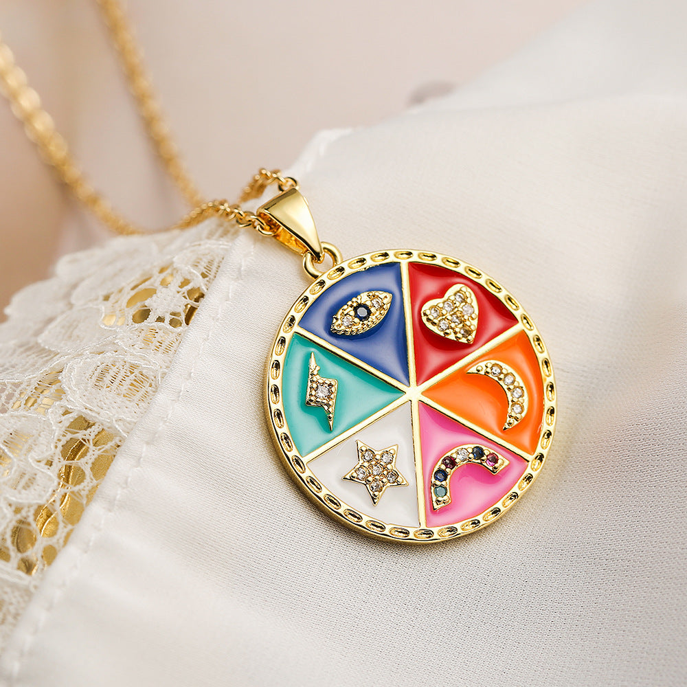 Bohemian Style Geometric Copper Pendant Necklace with Enamel Finish, Zircon-Set Eye and Star-Moon Motif