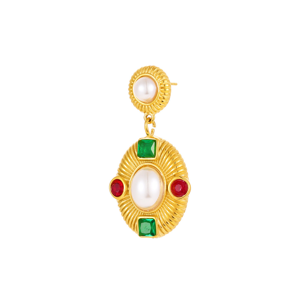 Vintage Geometric Stainless Steel Earrings with 18K Gold Plating, Pearl and Zircon Inlay for Women