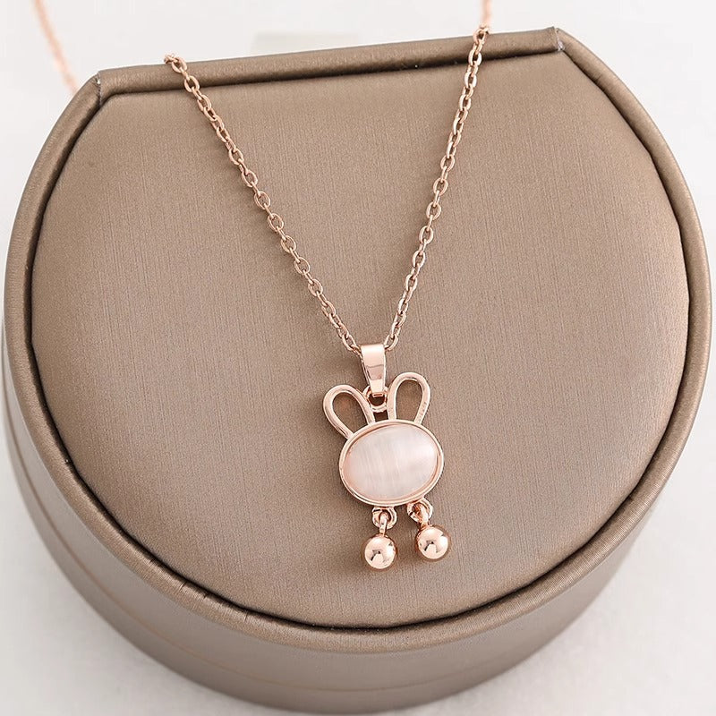 Cute Rabbit Pendant Necklace in Titanium Steel with Plated Finish for Women, Minimalist Clavicle Chain with Animal Design