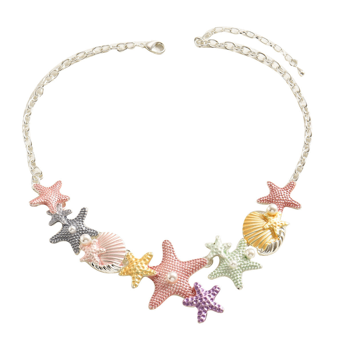 Collar con colgante de estrella y caracola minimalista de moda para mujer con acabado esmaltado en cadena metálica