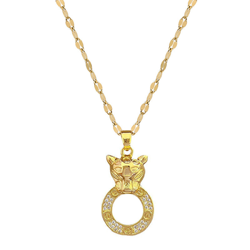 Elegant Leopard Pendant Necklace for Women in Stainless Steel with Geometric Design and Moon Motif