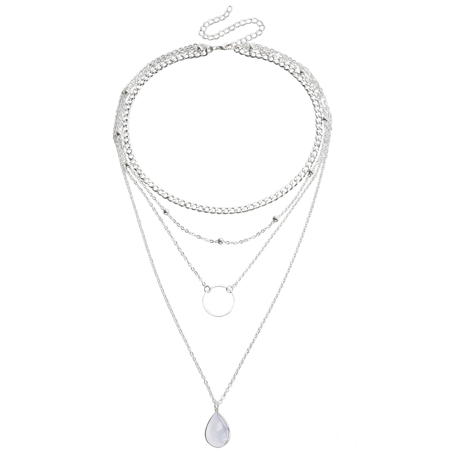 Fashion Multi-Layer Waterdrop-Shaped Geometric Pendant Necklace Set with Electroplated Metal Chains for Women