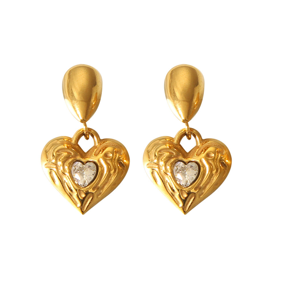Pendientes minimalistas de acero inoxidable con forma de corazón y lágrima, incrustaciones de pedrería y textura martillada, chapados en oro de 18 quilates para mujer