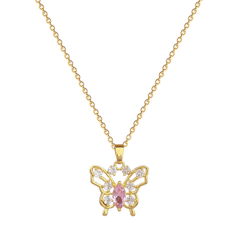 Minimalist Butterfly Pendant Necklace in Titanium Steel with Rhinestone Inlay for Women and Men, Delicate Hollow-Out Design with Adjustable Chain