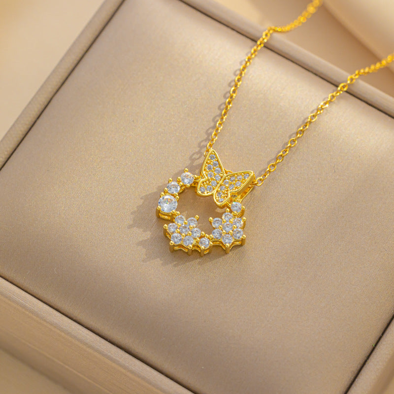 Minimalist Butterfly Bowknot Pendant Necklace in Titanium Steel with Rhinestone Inlay on O-Chain for Women