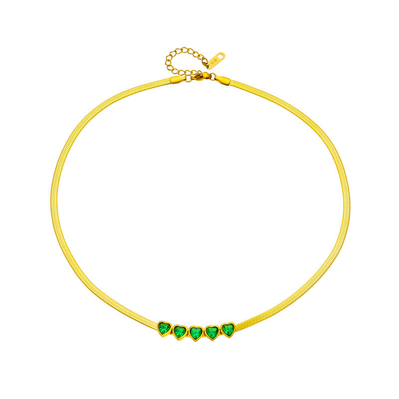 Collana da donna vintage minimalista a catena a serpente in acciaio al titanio con strass verdi a forma di cuore