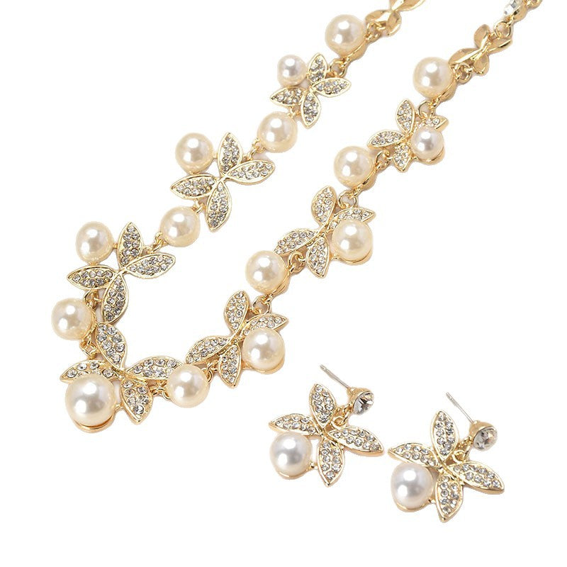 Set collana e orecchini a farfalla in lega con strass lucidi, da donna, per matrimoni e spose