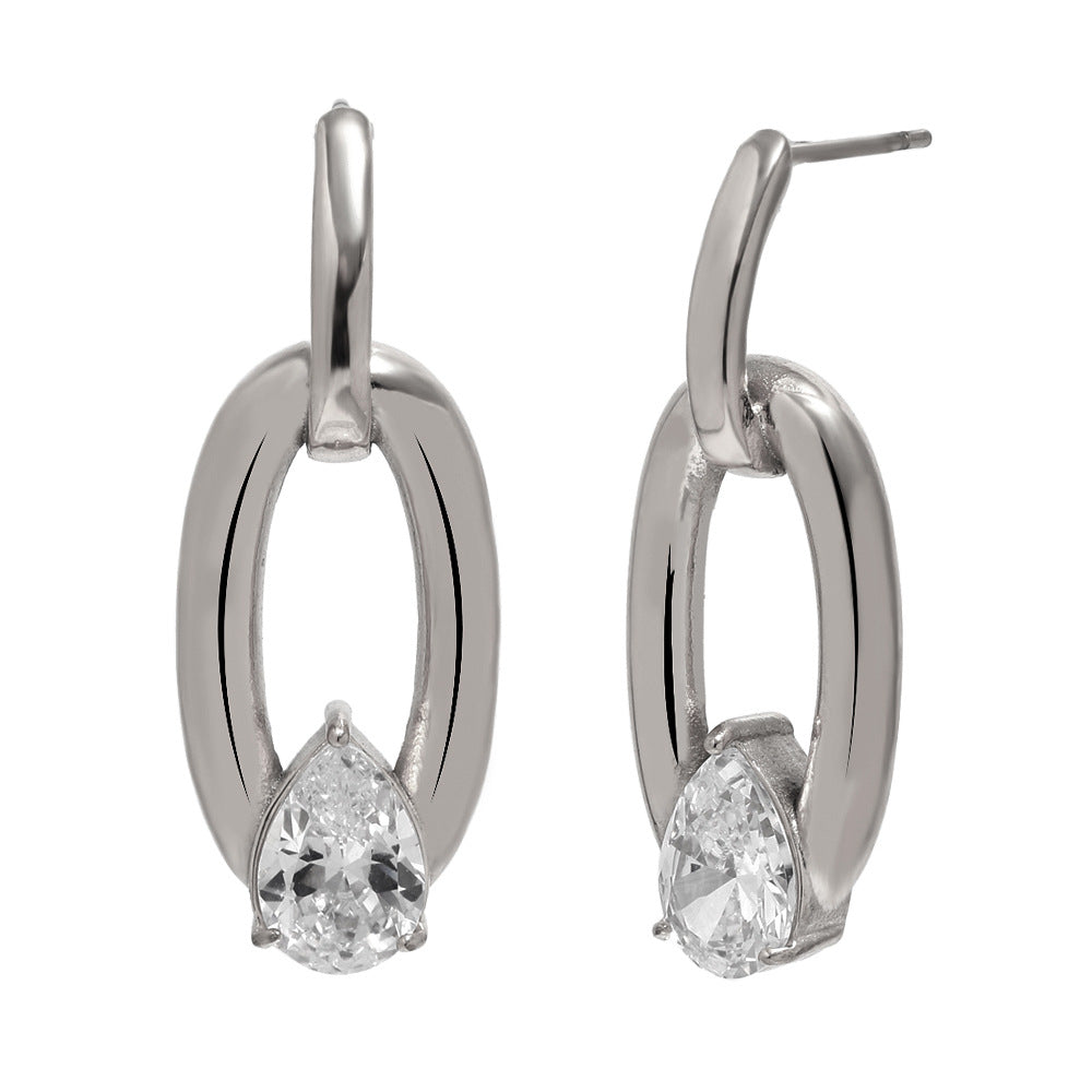 Minimalist Luxury 18K Gold Plated Stainless Steel Oval Teardrop Geometric Cubic Zirconia Earrings for Women