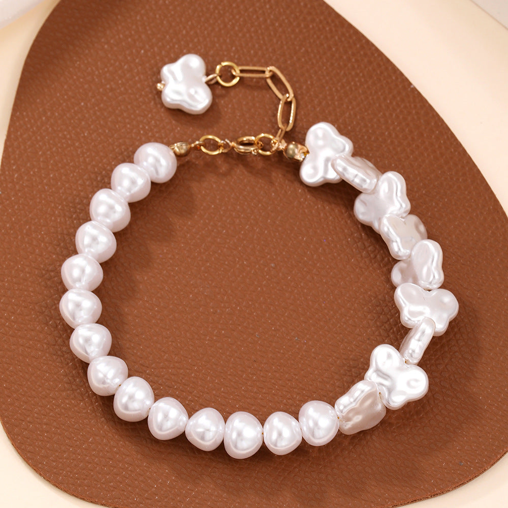 Vintage Elegant Geometric Heart Butterfly Imitation Pearl Bracelet with T-Bar Clasp