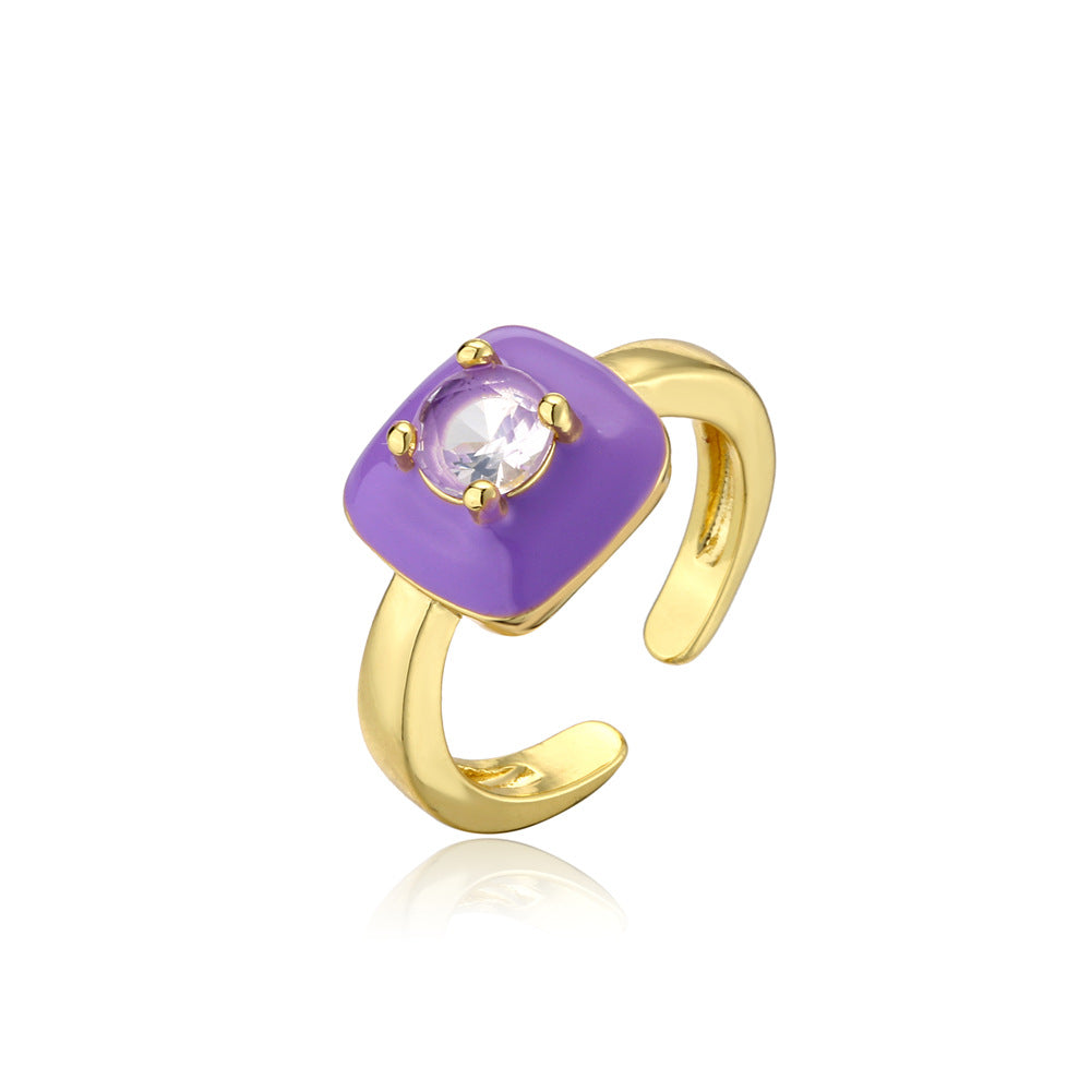 Gold Plated Brass Square Ring with Cubic Zirconia Inlay and Drip Oil Detail for Women