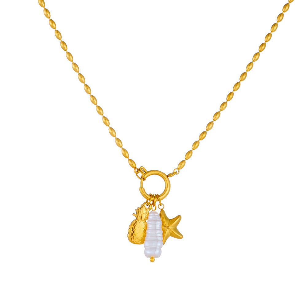 Fashion Gold Plated Stainless Steel Star and Fruit Pendant Ball Chain Necklace for Women