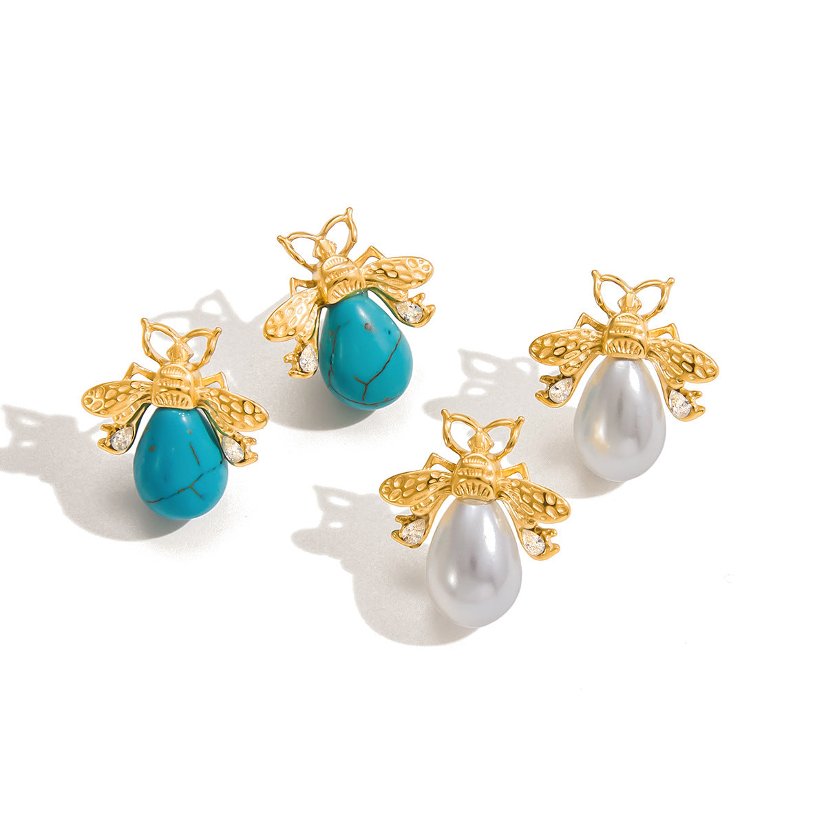 Pendientes de botón minimalistas geométricos de acero de titanio con circonita y perlas de imitación para mujer