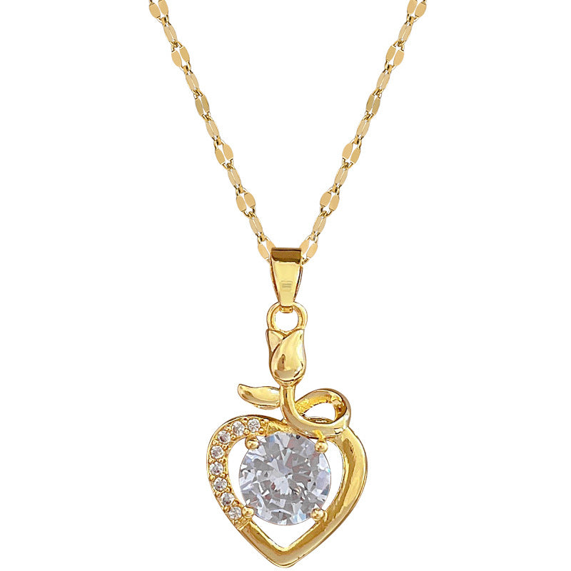 Collar de Acero de Titanio con Forma de Corazón Estilo Dibujo Animado y Incrustaciones de Pedrería para Mujeres, Cadena de Clavícula de Moda