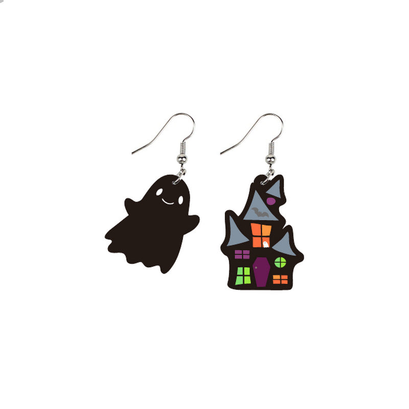 Pendientes de acrílico con temática de Halloween, diseño de fantasmas, brujas, escobas, murciélagos, castillos, con personajes de dibujos animados y patrón impreso