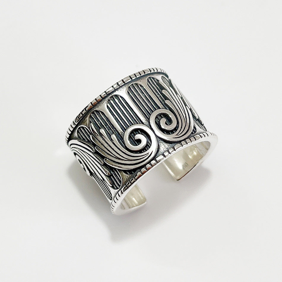 Anillo abierto ancho con incrustaciones de plata, de plata esterlina 925, con diseño de corazón y ala, minimalista, estilo vintage, para mujer