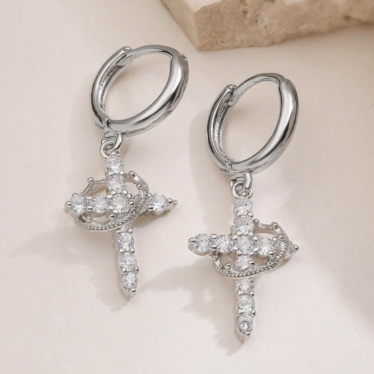 Luxury 18K Gold Plated Brass Cross Earrings with Cubic Zirconia for Women