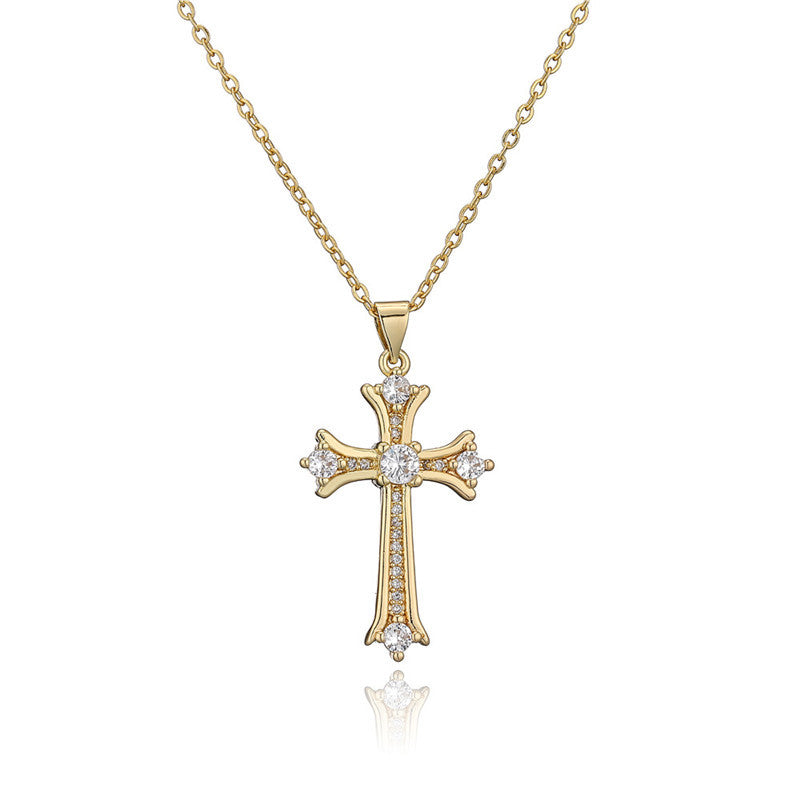 Collana con pendente a croce geometrica in rame intarsiato con strass e catena a O, per donna e uomo