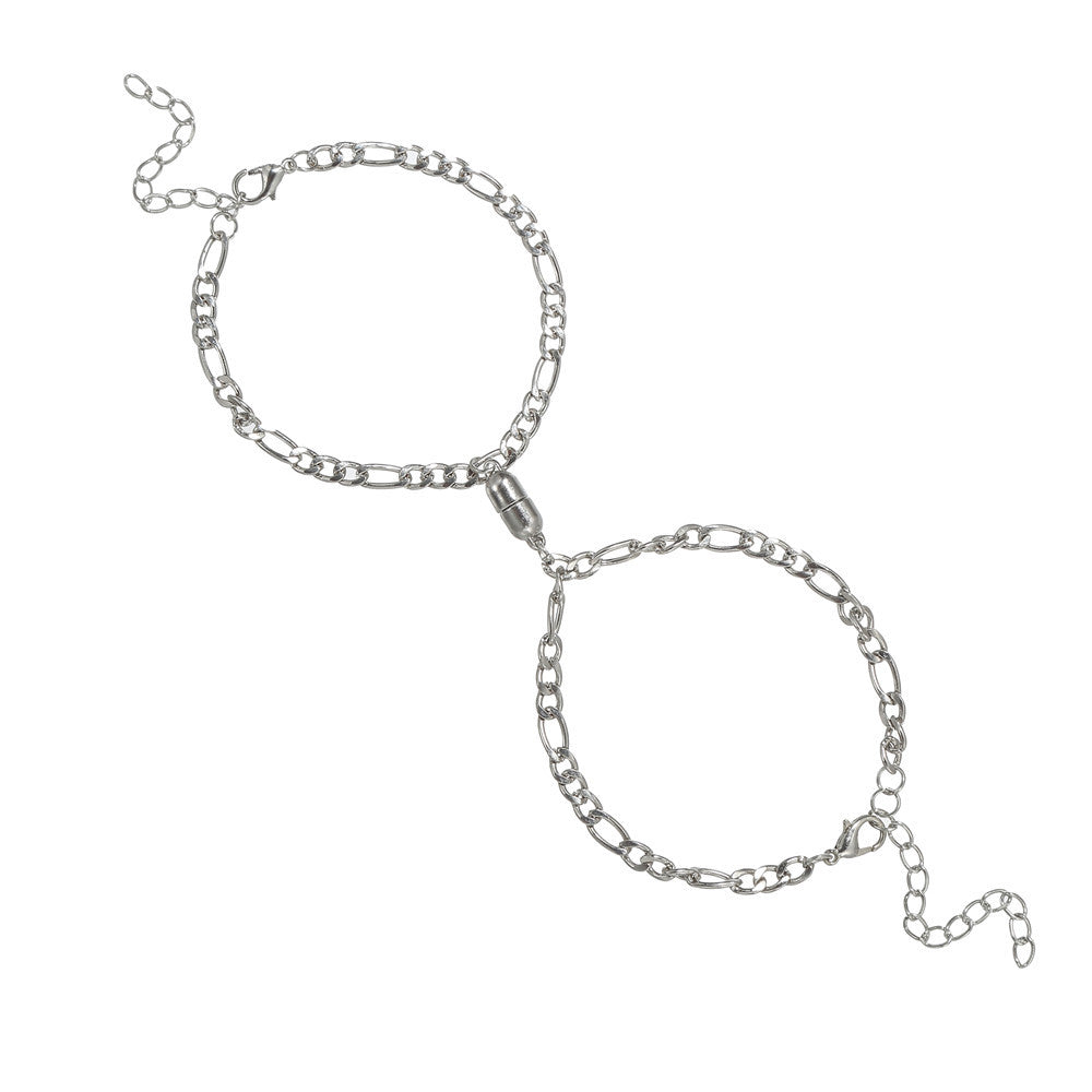 Minimalist Geometric Lock and Key Magnetic Couple Bracelet Set Alloy Plated