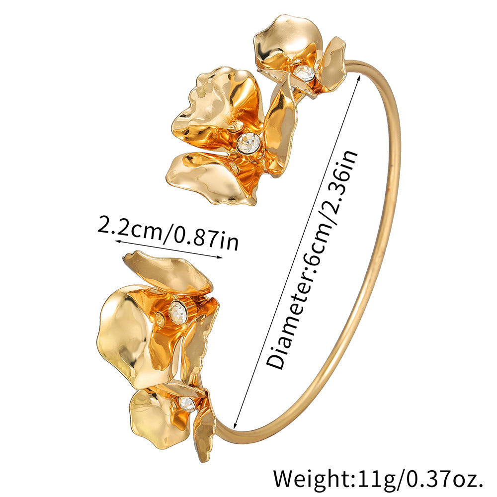 Minimalist Metal Flower Cuff Bracelet for Women with Geometric Petal Design, Gold-Plated Alloy and Rhinestone Inlay