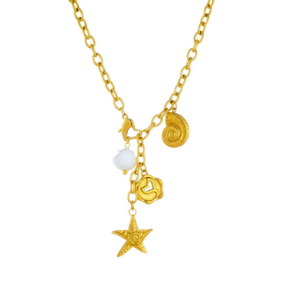 Collana con ciondolo a forma di coda di sirena con stelle marine e conchiglie stile Ins in acciaio inossidabile placcato oro con catena a maglie per donna