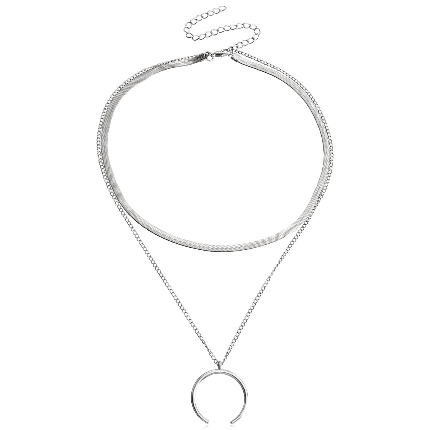Minimalist Crescent Moon Pendant Necklace for Women with Plated Metal Double-Layer Flat Snake Chain