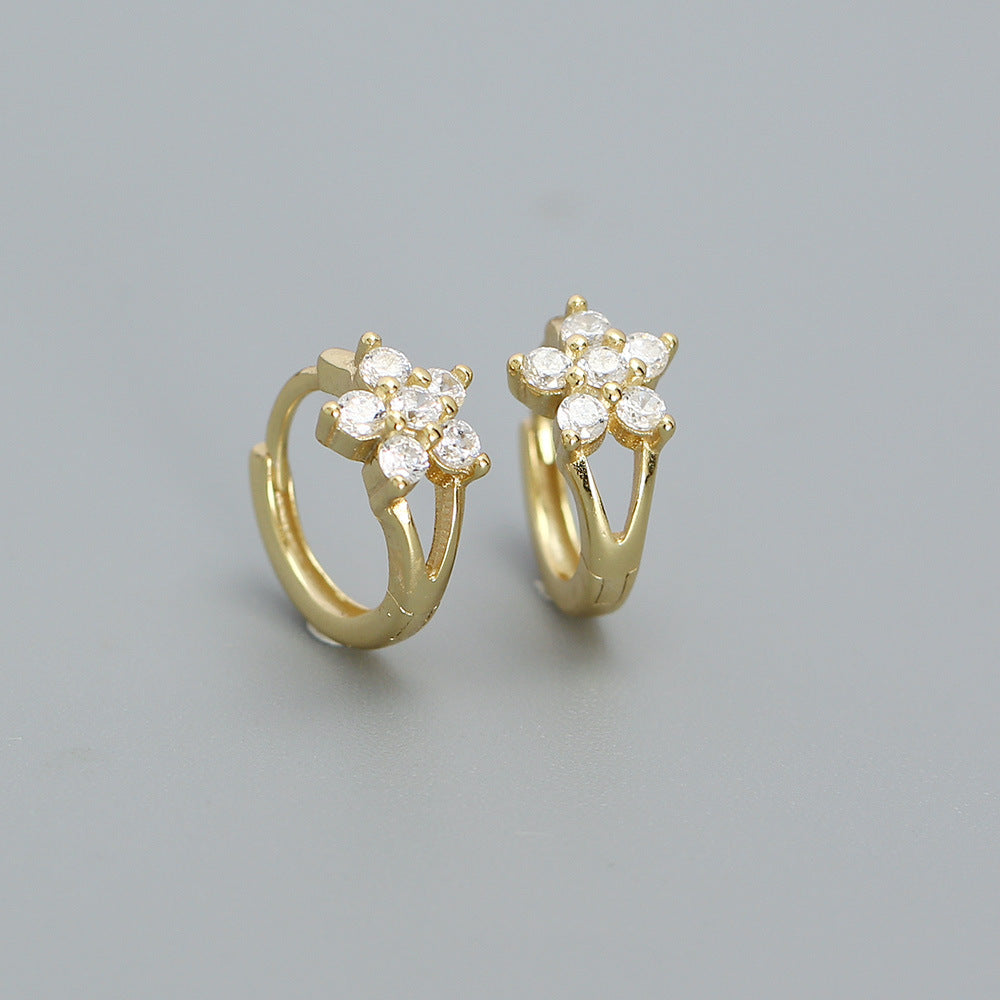 Orecchini a cerchio da donna in argento sterling S925 a forma di fiorellino con intarsio di strass